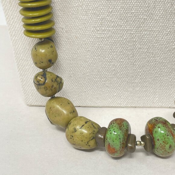 Treska Beaded Long Necklace Green Stone Porcelain Glass Boho Chunky Signed - Picture 6 of 13